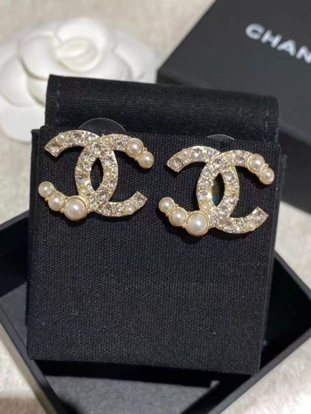 Chanel Crystal Pearl Interlocking CC Stud Earrings